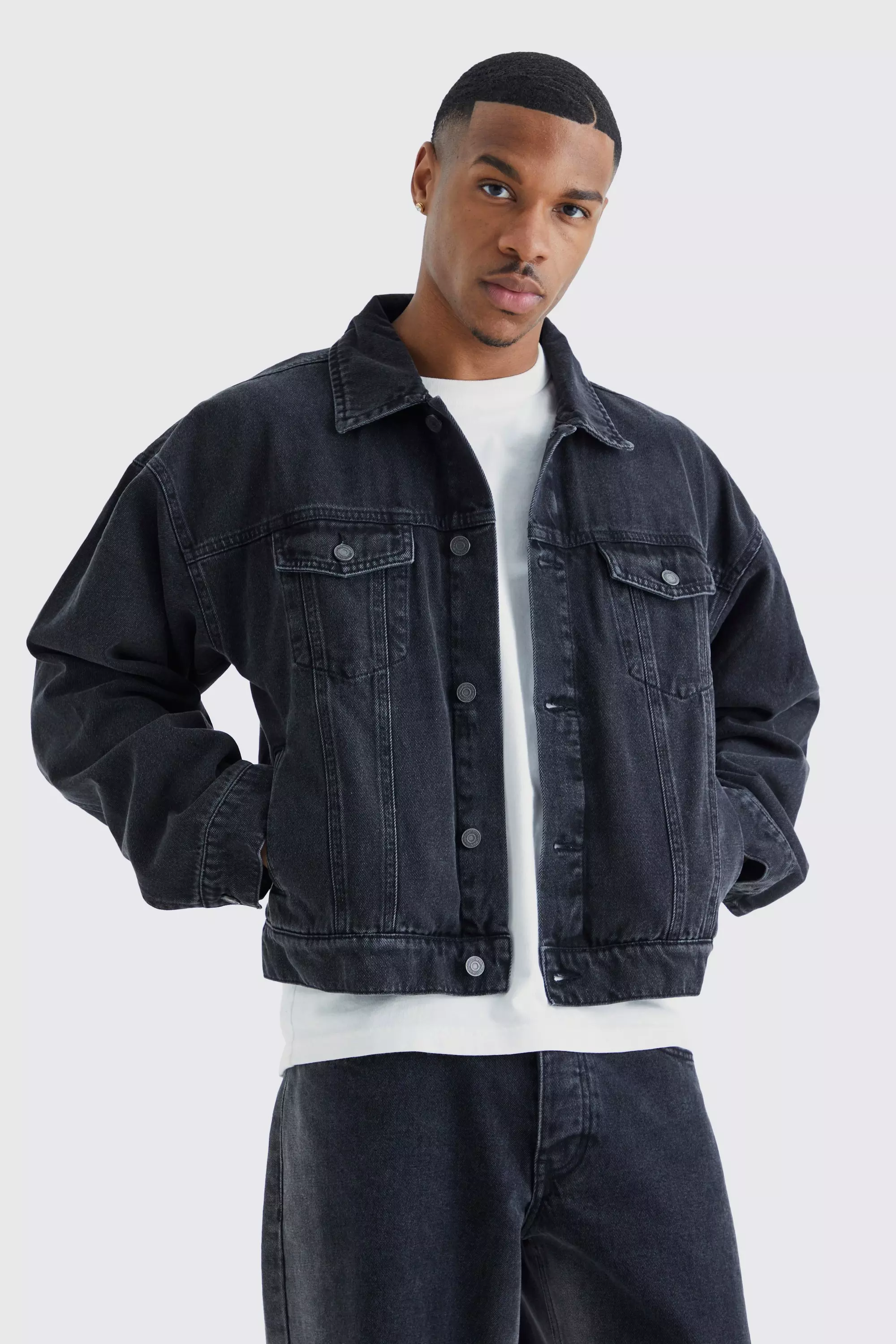 Mens washed black denim jacket best sale